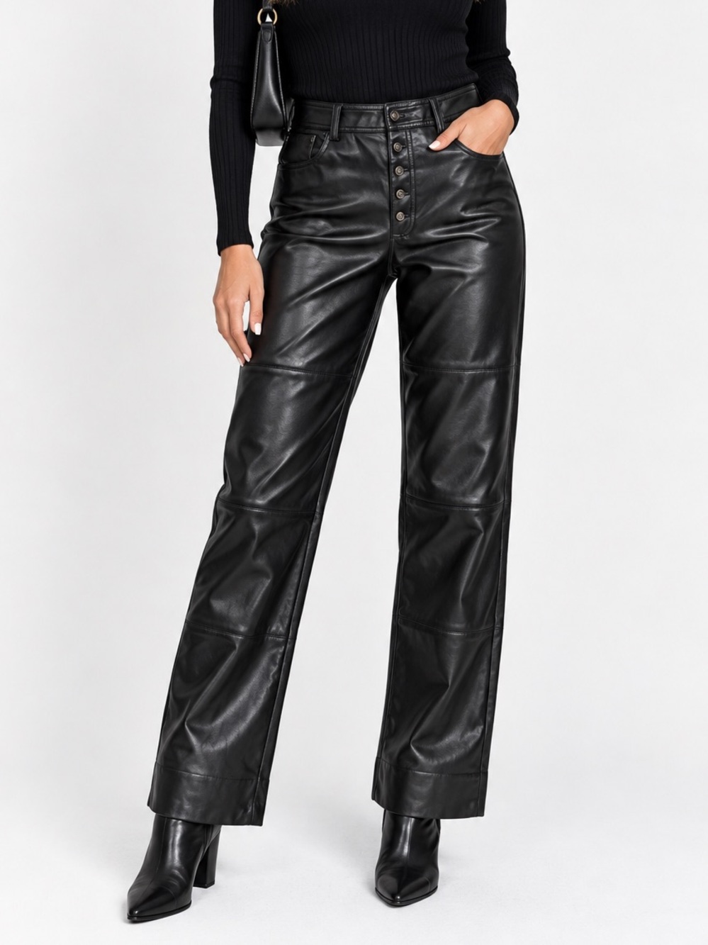 DKNY Black Faux Leather Button Fly Straight Leg Pants Size 8 NWOT